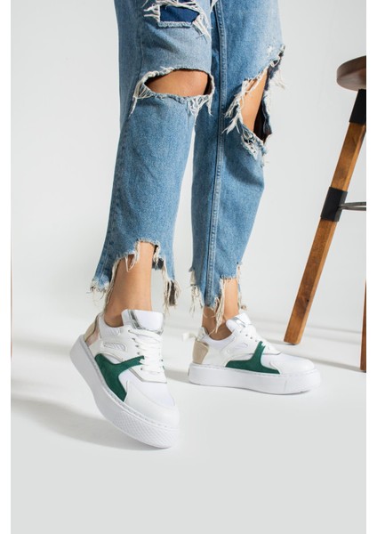 Karoline Kadın Sneakers Bağcıklı Spor Ayakkabı Beyaz/yeşil Deri modelleri