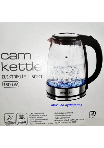 Crown Cam Kettle Elektrikli Su Isıtıcı Cam Gövdeli LED Aydınlatmalı 1500W 1,8 Lt modelleri
