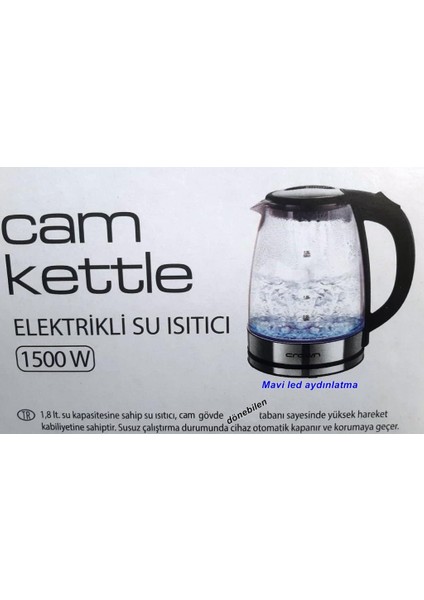 Crown Cam Kettle Elektrikli Su Isıtıcı Cam Gövdeli LED Aydınlatmalı 1500W 1,8 Lt fırsatları