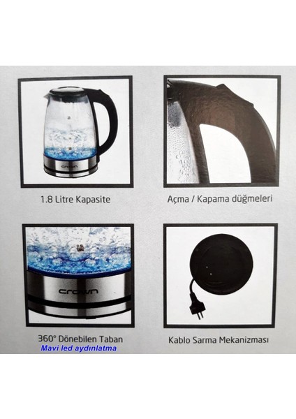 Crown Cam Kettle Elektrikli Su Isıtıcı Cam Gövdeli LED Aydınlatmalı 1500W 1,8 Lt indirimleri