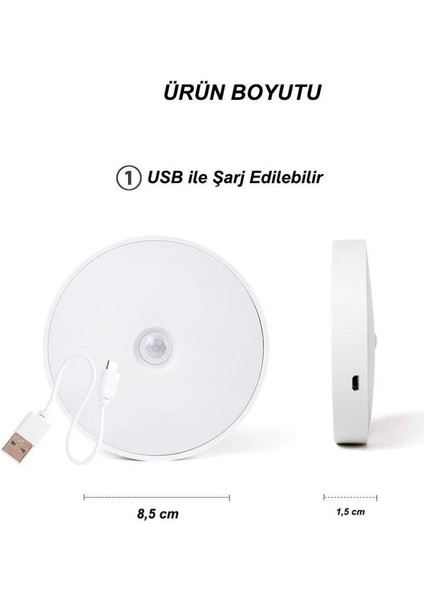 USB Şarjlı Pır Hareket Sensörlü Gece Lambası Magnet Mıknatıslı 4000K-GÜN IŞIĞI-4ADET