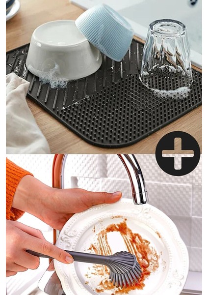 Main Shop 2'li Set Silikon Bulaşık Kurutma Matı ve Silikon Uçlu Bulaşık ve Lavabo Fırçası Antrasit Renk