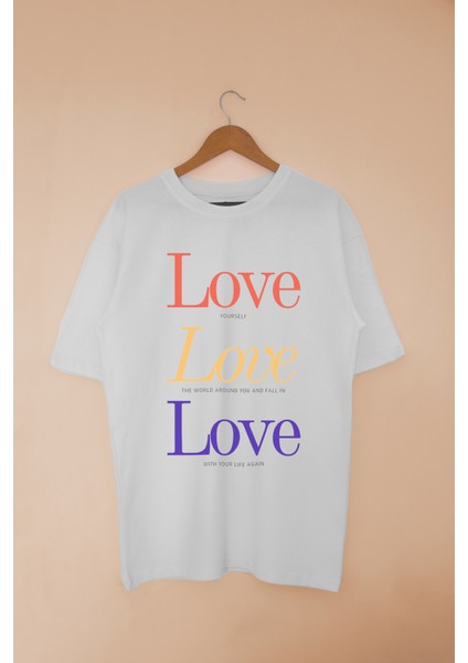 Oversize Pamuk 3 Renkli Love T-Shirt