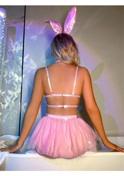 Nimse Love Pembe Tül Etekli Tavşan Kostümü Mini Fantezi Seksi Kostüm Gece Elbisesi