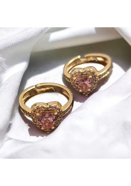 Pirinç Gold Renk Pembe Zirkon Taşlı Kalp Model Ayarlanabilir Kristal Yüzük
