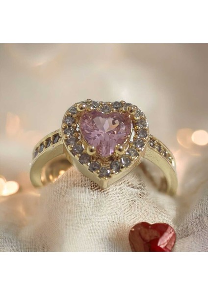 Pirinç Gold Renk Pembe Zirkon Taşlı Kalp Model Ayarlanabilir Kristal Yüzük
