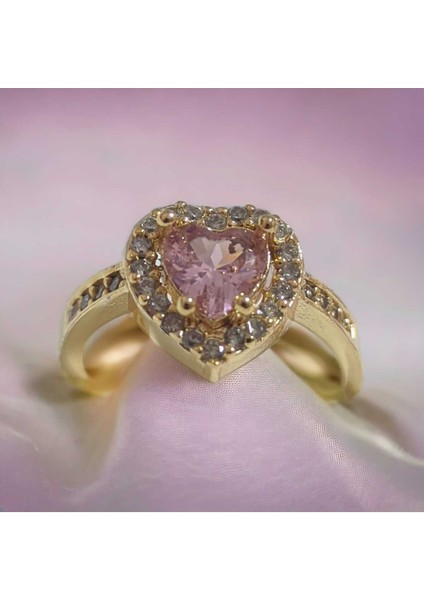 Pirinç Gold Renk Pembe Zirkon Taşlı Kalp Model Ayarlanabilir Kristal Yüzük