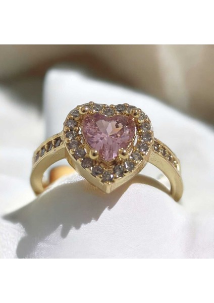 Pirinç Gold Renk Pembe Zirkon Taşlı Kalp Model Ayarlanabilir Kristal Yüzük