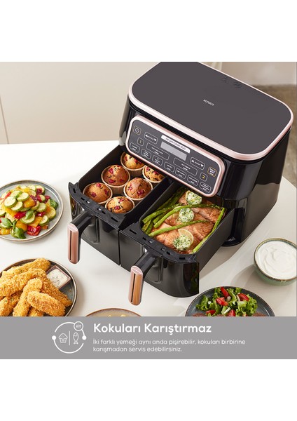 8 Fonksiyonlu Premium Iki Hazneli Air Pro Cook Duo Tandır Xxxl 8 Litre Geniş Hazneli Airfryer Rosegold 8 Kişilik, Onerous Mutfak Tartısı Hediye