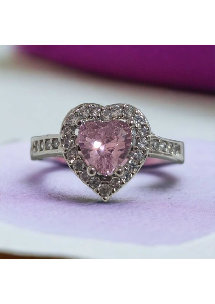 Pirinç Gümüş Renk Pembe Zirkon Taşlı Kalp Model Ayarlanabilir Kristal Yüzük