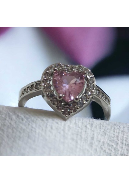 Pirinç Gümüş Renk Pembe Zirkon Taşlı Kalp Model Ayarlanabilir Kristal Yüzük