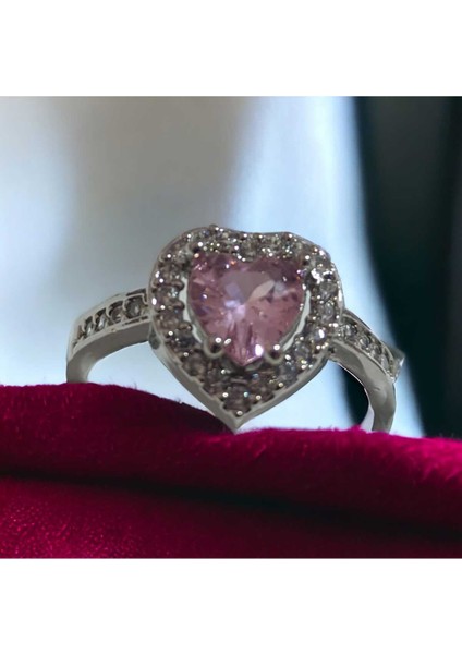 Pirinç Gümüş Renk Pembe Zirkon Taşlı Kalp Model Ayarlanabilir Kristal Yüzük