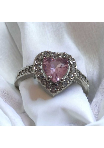 Pirinç Gümüş Renk Pembe Zirkon Taşlı Kalp Model Ayarlanabilir Kristal Yüzük