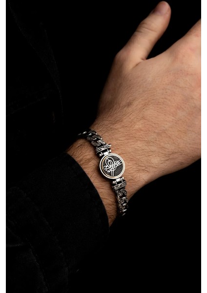Erkek Gümüş Bileklik - Osmanlı Tuğrası Işlemeli Ortası Dönen Model Gümüş Bileklik