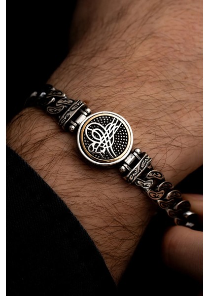 Erkek Gümüş Bileklik - Osmanlı Tuğrası Işlemeli Ortası Dönen Model Gümüş Bileklik fiyatları