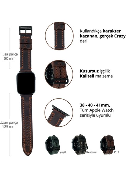 Apple Watch Deri Kordon 9 8 SE2 7 6 Se 5 4 3 2 1 serisi 41mm 40mm 38mm Uyumlu Kadın Erkek için Uniseks El Yapımı Crayz Kızıl Kahve Kayış