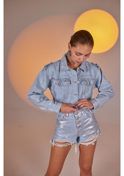 Glossy Jean Ceket Mavi
