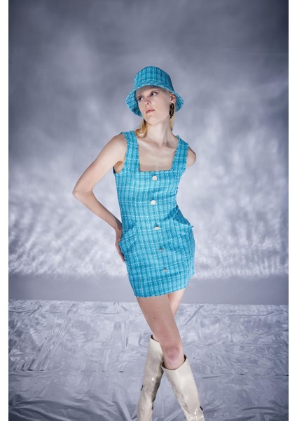 Tweed Elbise Mavi