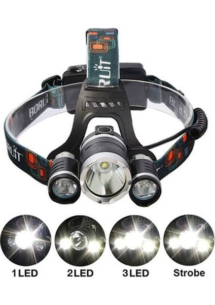 Boruit T6 Kafa Feneri 5000 Lumens 3xcree Xm-T6+2r5 Lamba LED Kamp Lambası