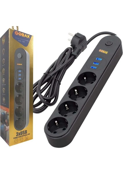 Gobax NO:101 Akim Korumali 3usb Port Girişli 4 Lü Priz 2mt