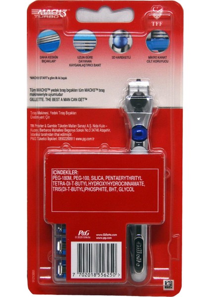 Mach 3 Turbo Tıraş Makinesi + Gillette Mach3 Turbo Yedek Erkek Tıraş Bıçağı 12'li Set