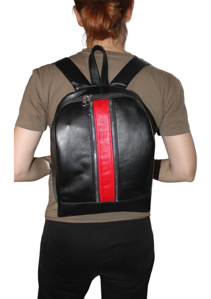 Hakiki Deri Kadın Sırt Omuz Çantası Siyah-Kırmızı Maya 2 Fermuarlı ÇNTDRSYH-KRMZ2ZMAYA2