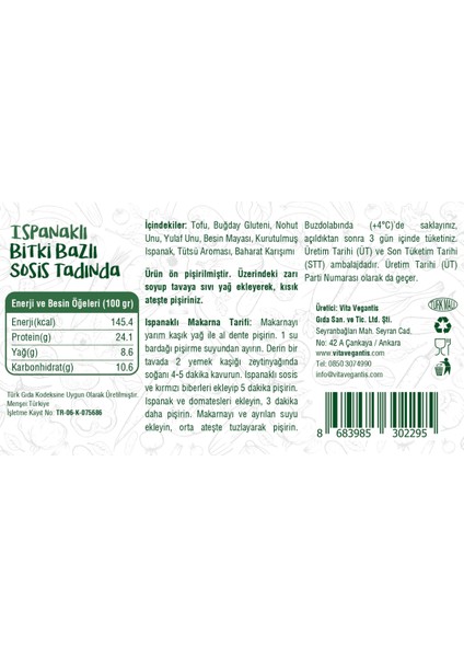 Ispanaklı Vegan Sosis 180 gr 2 Adet