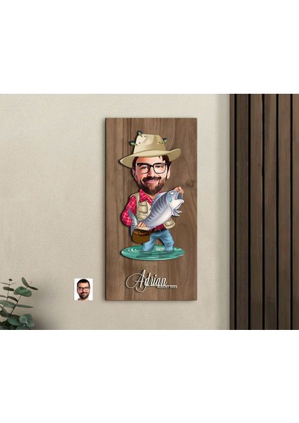Gift Kişiye Özel Balıkçı Karikatürlü Kabartma Figürlü Ahşap Tablo-3, Arkadaşa Hediye, Sevgiliye Hediye, Duvar Dekoru