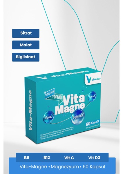 Vitamagne 60 Kapsül Yetişkinler için Magnezyum ve Vitamin - Magnezyum Malat, Magnezyum Sitrat, Magnezyum Bisglisinat, Vitamin B6, Vitamin B12, Vitamin C, Vitamin D3