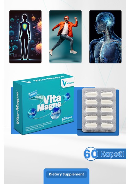 Vitamagne 60 Kapsül Yetişkinler için Magnezyum ve Vitamin - Magnezyum Malat, Magnezyum Sitrat, Magnezyum Bisglisinat, Vitamin B6, Vitamin B12, Vitamin C, Vitamin D3