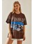 Kahverengi Baskılı Bisiklet Yaka Oversize T-Shirt 5YXK1-48004-18 1