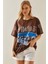 Kahverengi Baskılı Bisiklet Yaka Oversize T-Shirt 5YXK1-48004-18 2