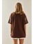 Kahverengi Baskılı Bisiklet Yaka Oversize T-Shirt 5YXK1-48004-18 3
