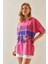 Fuşya Baskılı Bisiklet Yaka Oversize T-Shirt 5YXK1-48004-07 3