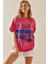 Fuşya Baskılı Bisiklet Yaka Oversize T-Shirt 5YXK1-48004-07 4