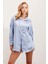 Kadın Buz Mavi Oversize Dökümlü Saten Yüzeyli Gömlek HZL23S-BD139851 1
