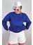 Kadın Cozy Içi Polarlı Saks Mavi Basic Bisiklet Yaka Pamuklu Kalın Örme Sweatshirt 5