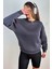 Kadın Cozy Içi Polarlı Füme Basic Bisiklet Yaka Pamuklu Kalın Örme Sweatshirt 2