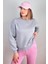 Kadın Cozy Içi Polarlı Gri Basic Bisiklet Yaka Pamuklu Kalın Örme Sweatshirt 1