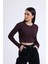Kahverengi Lacivert Çizgili Bisiklet Yaka Uzun Kollu Fitilli Kaşkorse Crop Bluz 1
