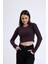 Kahverengi Lacivert Çizgili Bisiklet Yaka Uzun Kollu Fitilli Kaşkorse Crop Bluz 4
