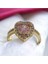 Pirinç Gold Renk Pembe Zirkon Taşlı Kalp Model Ayarlanabilir Kristal Yüzük 4
