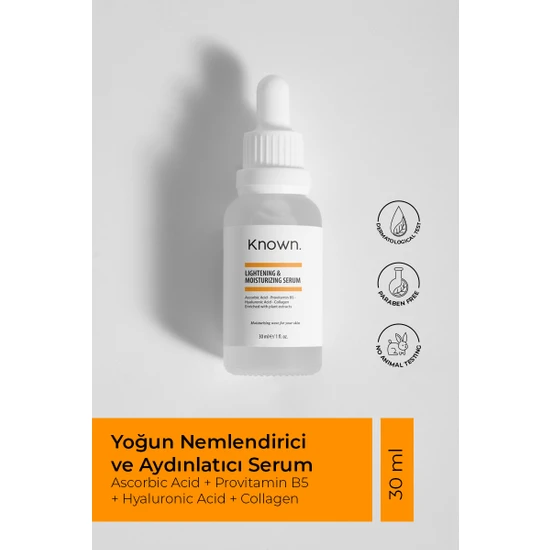 Known Yoğun Nemlendirici ve Aydınlatıcı Serum 30 ml (Ascorbic Acid + Provitamin B5 + Hyaluronic Acid + Collagen)