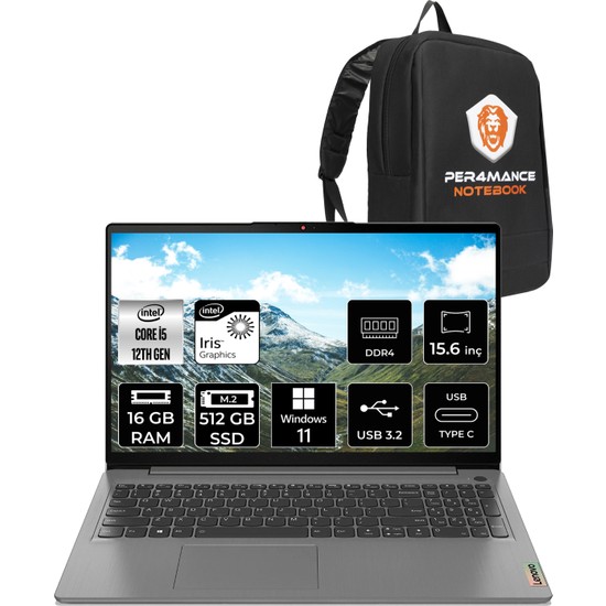 Lenovo Ideapad 3 15IAU7 Intel Core I5 1235U 16GB 512GB SSD 15.6" Fhd W11P Taşınabilir Bilgisayar 82RK00TLTX & Per4 Çanta 82RK00TLTX196