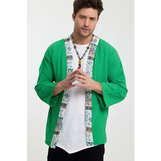 Rammers Bohem Kimono %100 Keten Bürümcük Kumaş Yeşil Renk