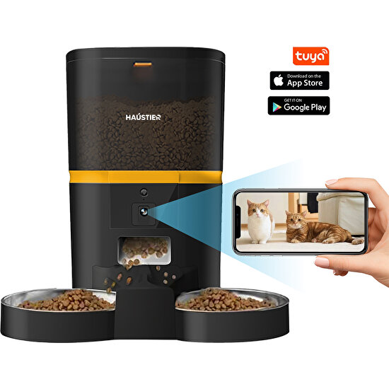 Haustier QQ005-Dual Kameralı Akıllı Kedi Köpek Otomatik Mama Kabı, App Uzaktan Kontrol, Sesle Çağırma, 480P Kamera, 6lt Hazne, Çift Metal Kase