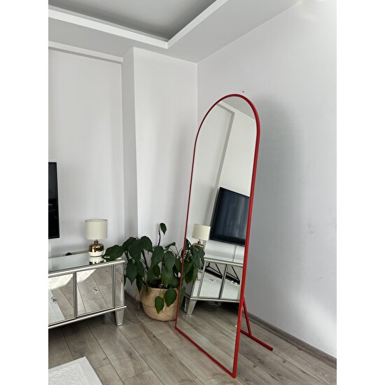 Effe Yapı Dekor Kırmızı Metal Çerçeveli 180X70 cm Oval Ayaklı Boy Aynası