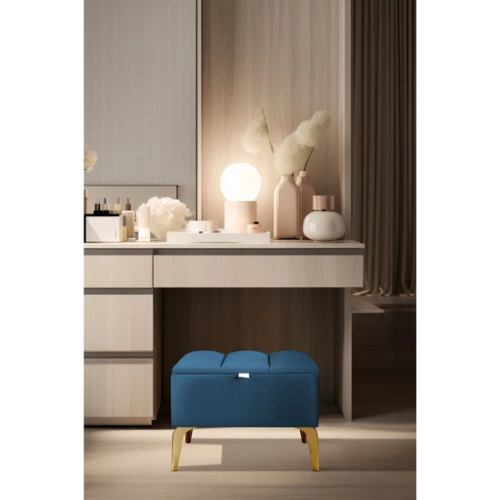 Gazzini Vetra Mini Royal Mavi Kumaş Sandıklı Dekoratif Puf&bench-Dilimli Model-Gold Ayak-Modern Puf