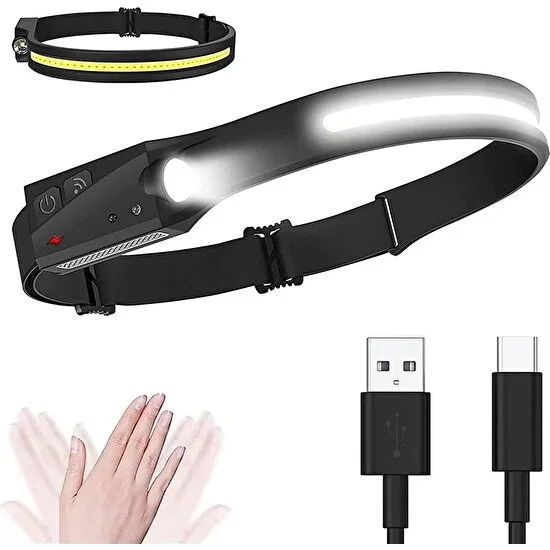İsg Store Sensörlü Kafa Lambası Ledli Şarjlı Pilli Kamp Kafa Feneri USB Şarj Edilebilir