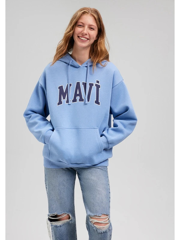 Mavi Logo Baskılı Kapüşonlu Mavi Sweatshirt